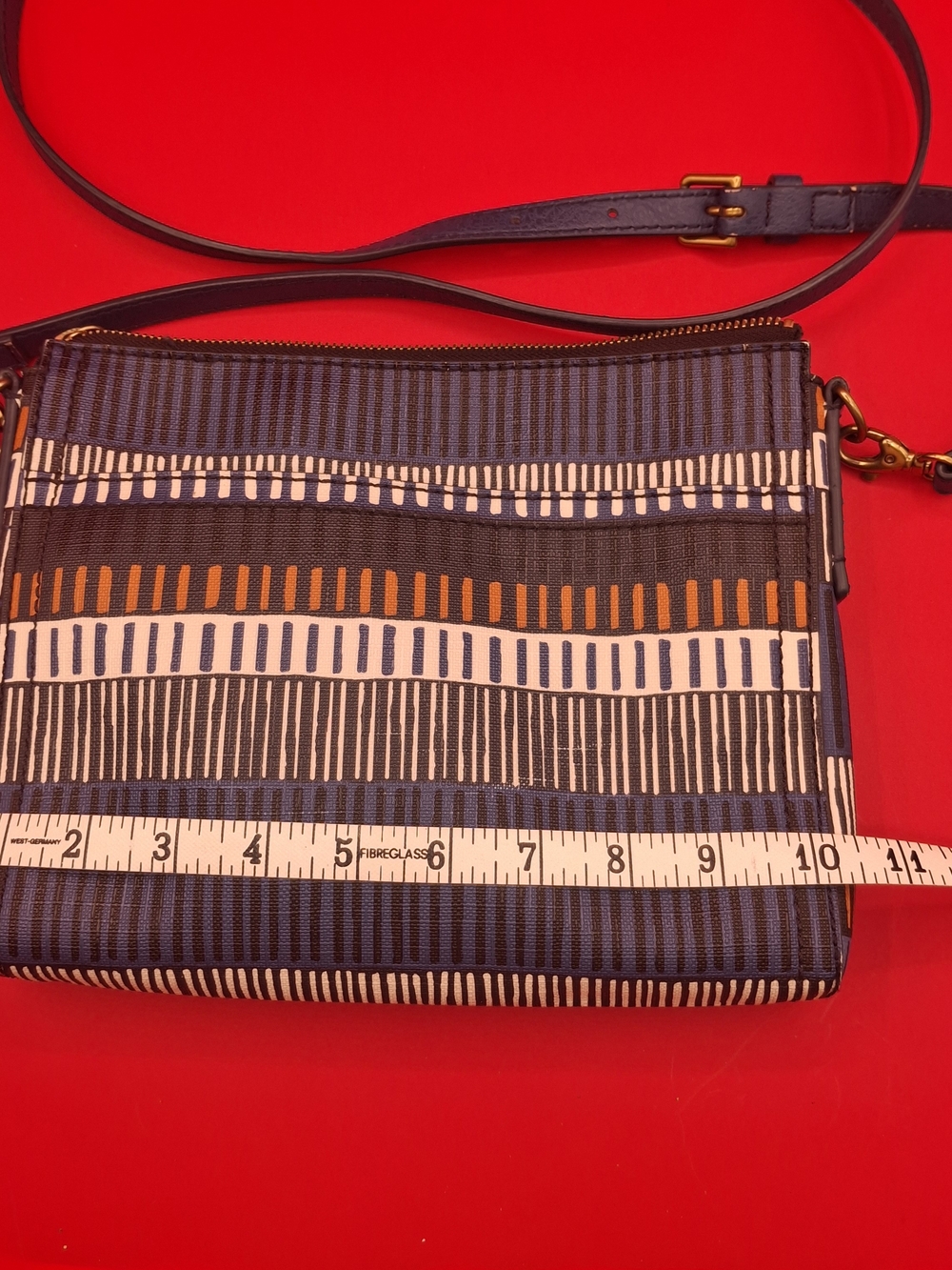 Fossil Navy and White Patterned Crossbody Bag with Tan Accents